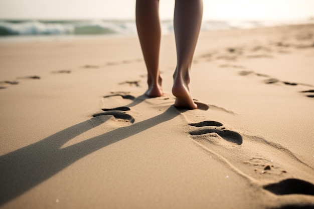 Die Füße einer Person in Flip-Flops, die an einem Sandstrand spazieren geht, symbolisieren Sommer und Urlaub