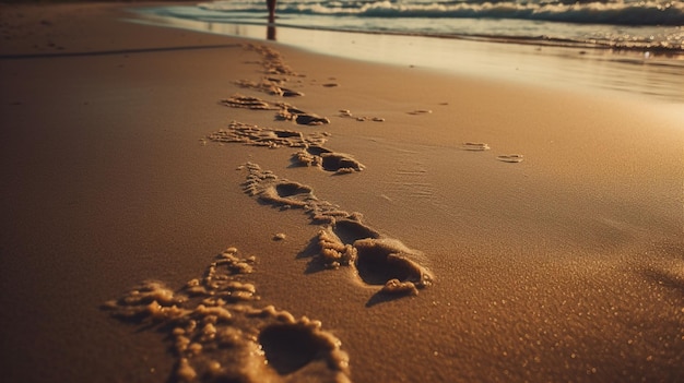 Die Füße einer Person sind an einem Strand mit dem Meer im Hintergrund zu sehen.