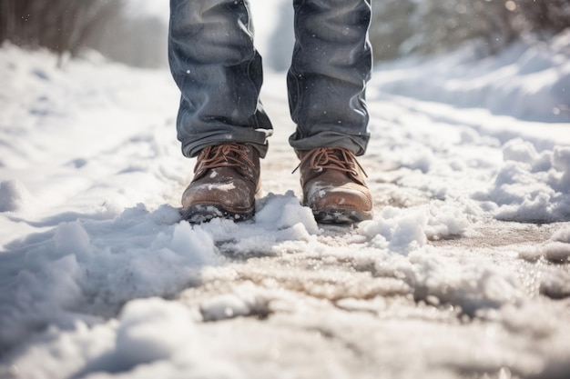 Die Füße eines Mannes in Winterschuhen gehen auf einer schneebedeckten Straße auf einem Winterspaziergang Generative KI-Illustration