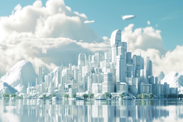 Die futuristische Stadt, die über einem Gewässer schwebt, eine futurische Stadt, die rein aus Nanomaterialien gebaut wurde, KI-generiert