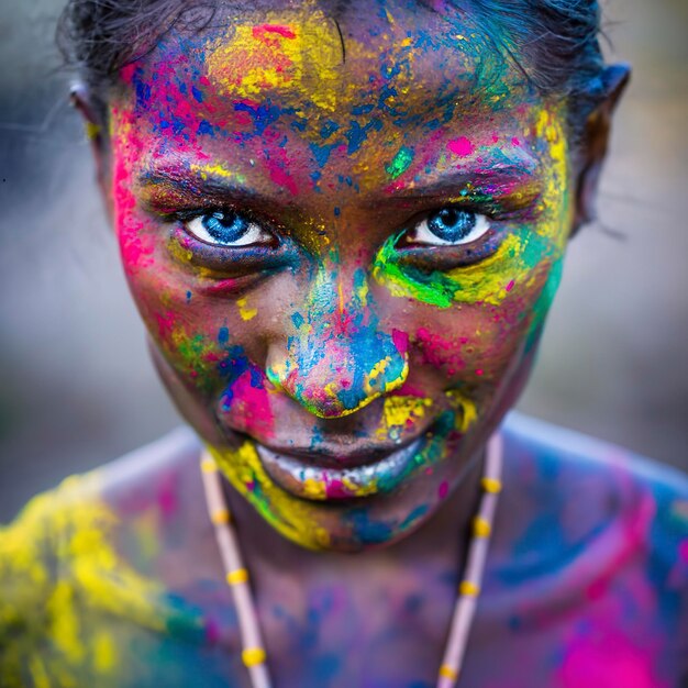 Die ganze Brust und das Gesicht einer Dame sind mit dunklen Holi-Farben bedeckt