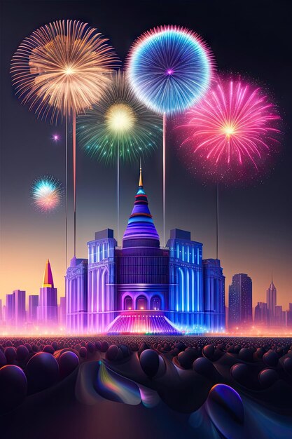 Die ganze Stadt feiert das neue Jahr oder ein anderes nationales Ereignis mit einem fantastischen bunten Feuerwerk