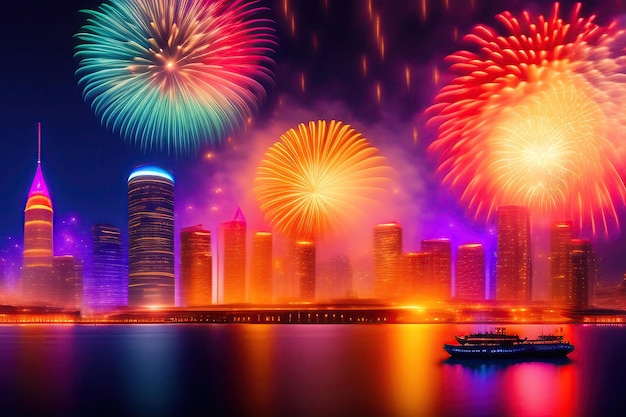 Die ganze Stadt feiert das neue Jahr oder ein anderes nationales Ereignis mit einem fantastischen bunten Feuerwerk