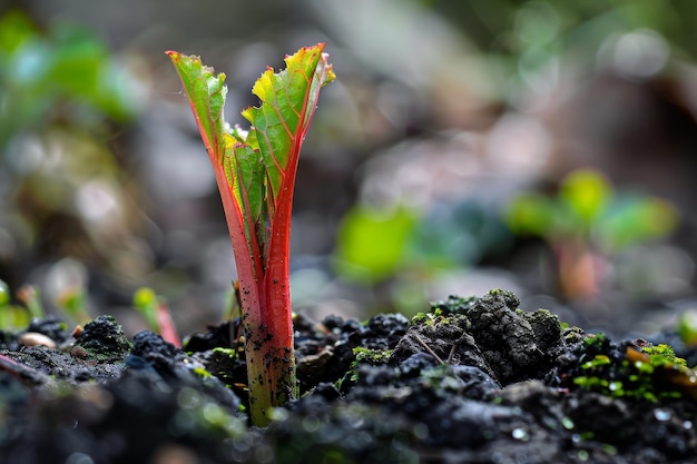 Die Geburt des Frühlings durch die Linse eines Rabarberstängels Eine lebendige Darstellung der grünen und roten Pracht