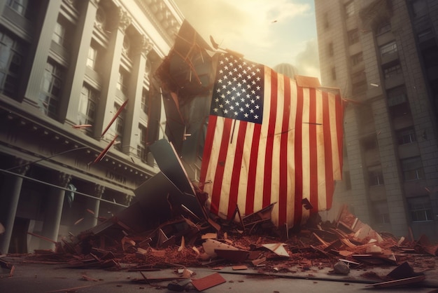 Die gefallene amerikanische Flagge vor dem Hintergrund zerstörter Wolkenkratzer. Der Zusammenbruch der amerikanischen Wirtschaft, die Inflation, der Bankrott und die Zerstörung des Finanzsystems