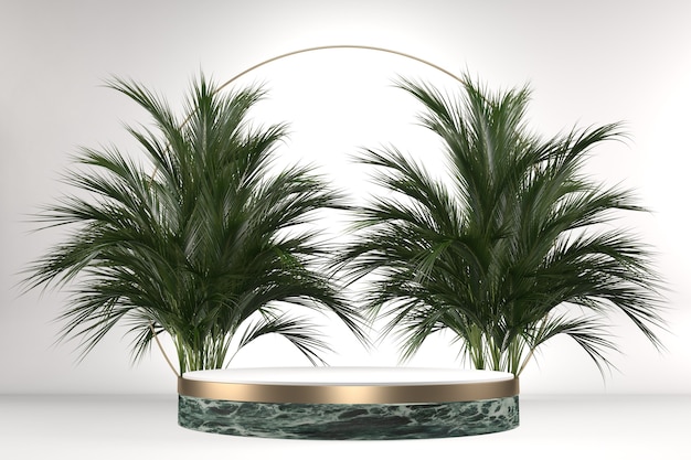 Die geometrische und Pflanzendekoration des tropischen Granitpodiums auf weißem Hintergrund .3D-Rendering