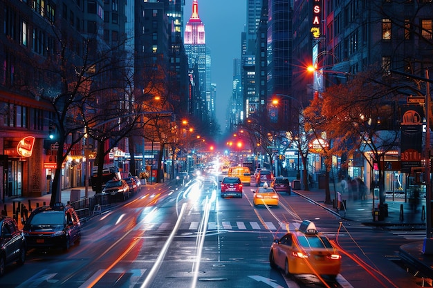 Die geschäftige Stadtstraßenszene in der Nacht mit langer Belichtung, die Lichtspuren von bewegten Autos und die dynamische Energie des städtischen Lebens einfängt