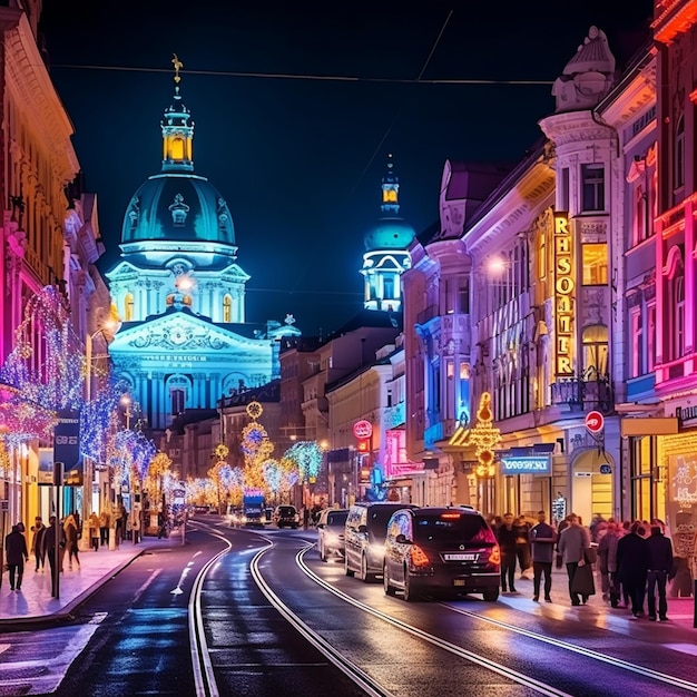 Die geschäftige Wiener Nachthalle, die von farbenfrohen Neonlichtern beleuchtet wird