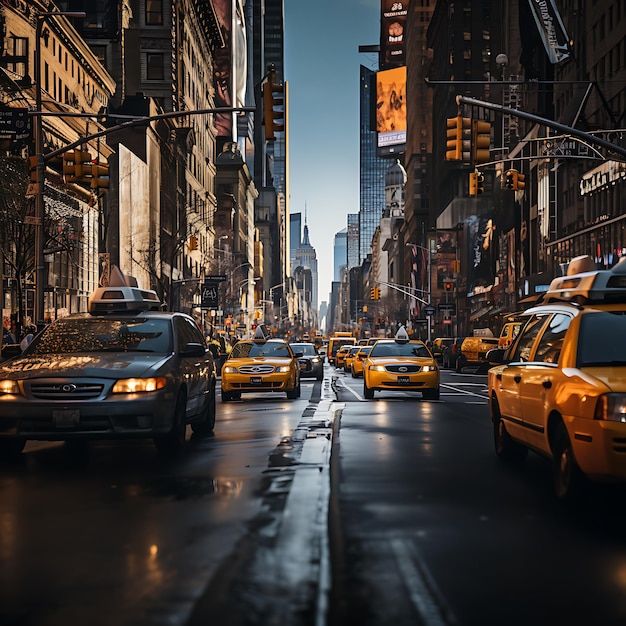 Die geschäftigen Straßen von New York City mit hupenden gelben Taxis und Menschen, die über die Gehwege eilen
