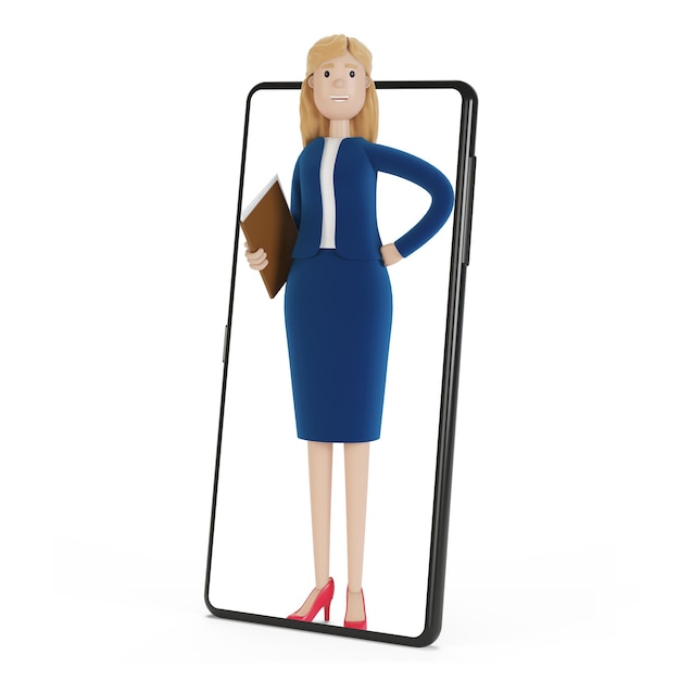 Die Geschäftsfrau ist im großen Telefon. Online-Geschäftskonzept. 3D-Darstellung einer Zeichentrickfigur.