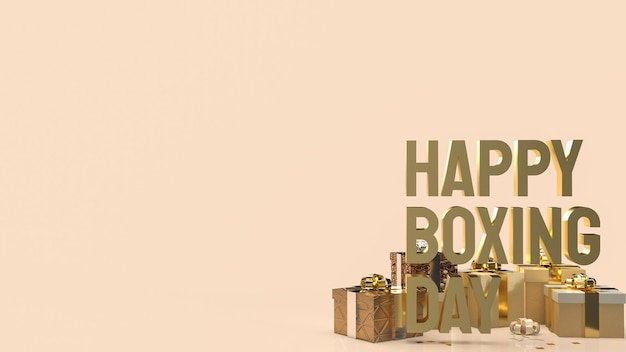 Die Geschenkbox und der goldene Text Boxing Day für das 3D-Rendering des Einkaufskonzepts