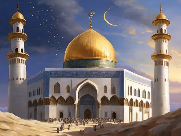 Foto die geschichte von isra miraj, der reise des propheten muhammad von mekka nach jerusalem