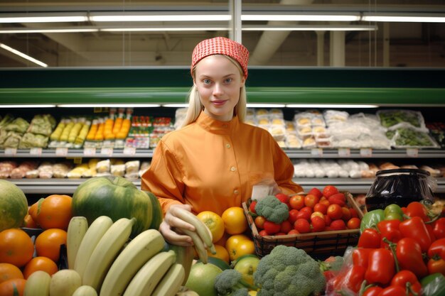 Foto die gesunde käuferin eine frau wählt in einem supermarkt frisches obst und gemüse aus