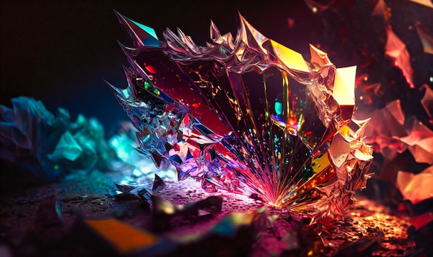 Die gezackten Kanten eines zerbrochenen Glasstücks brechen Licht und werfen ein Kaleidoskop von Farben