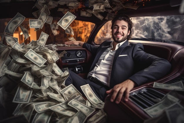 Foto die glückliche begegnung des casino-jackpot-gewinners in seinem klassischen amerikanischen auto