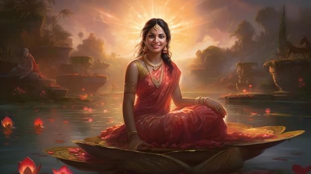 Die göttliche Mutter Laxmi sitzt lächelnd auf der generativen KI des Lotus