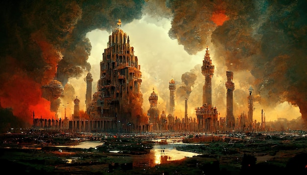 Die goldene Stadt Babylon Malerei Illustration Skyline der Stadt Babylon