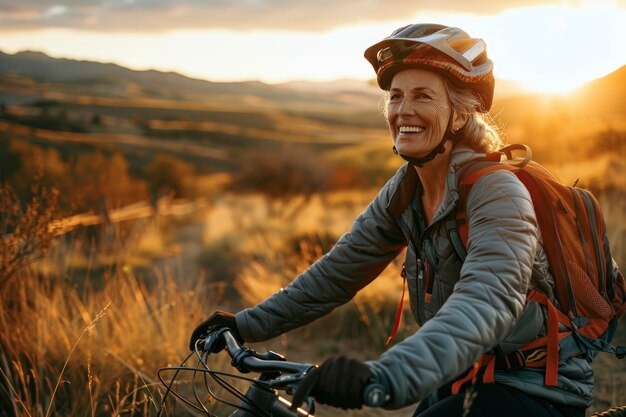 Die goldene Stunde beleuchtet ein lebendiges Mountainbike-Abenteuer von Frauen vor einem atemberaubenden Hochlandpanorama