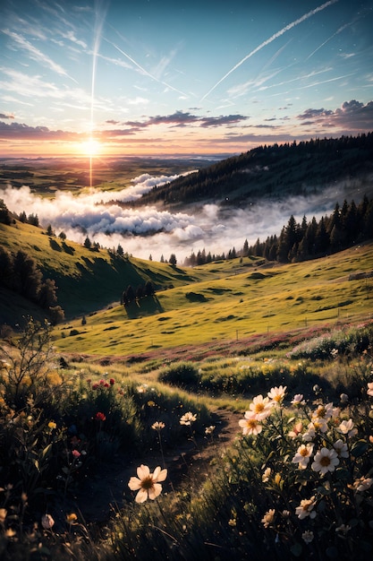 Foto die goldene stunde blüht in der bezaubernden nebellandschaft der blumenhügel