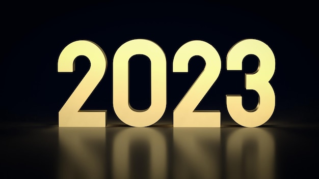 Die goldene Zahl 2023 in schwarzem Hintergrund 3D-Rendering