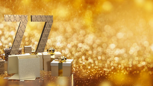 Die goldene Zahl 77 auf der Geschenkbox auf luxuriösem Hintergrund für das 3D-Rendering des Werbekonzepts