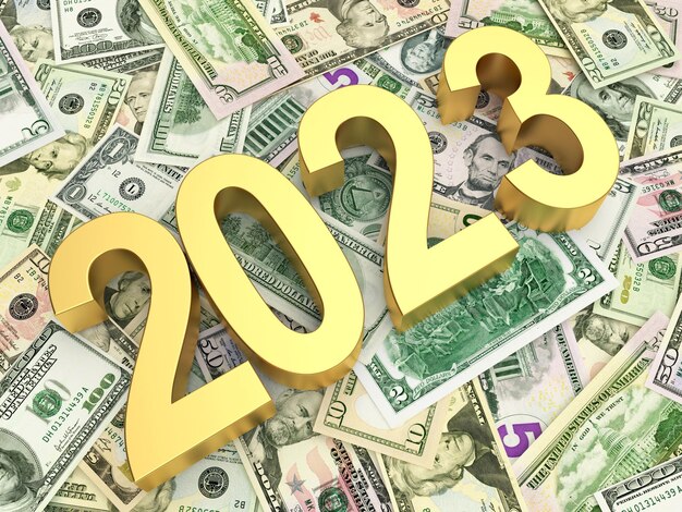 Die goldene Zahl des neuen Jahres liegt auf Dollarnoten.
