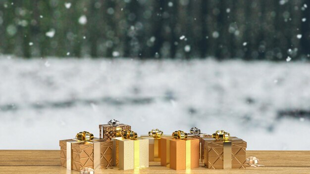 Die goldenen Geschenkboxen auf Holztisch für Feiern oder Geschäftskonzept 3D-Rendering