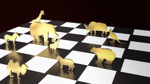 Die Goldplatte der Tierwelt auf dem Schachbrett 3D-Rendering