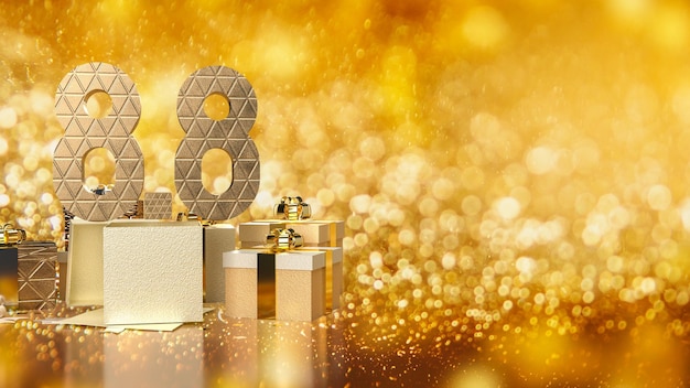 Die Goldzahl 88 und die Geschenkbox für die 3D-Darstellung des Werbekonzepts