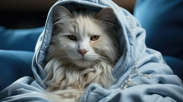 Die graue Katze mit blauen Augen entspannt sich auf einer Decke und hört Musik mit kabellosen Kopfhörern