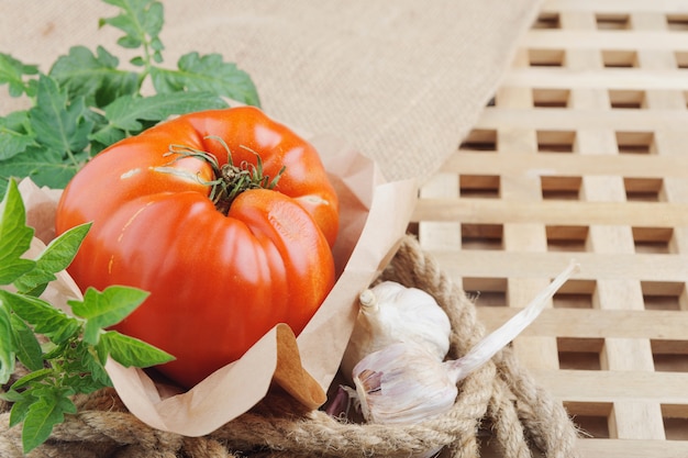 Die große rote Tomate ist in braunem Papier verpackt.