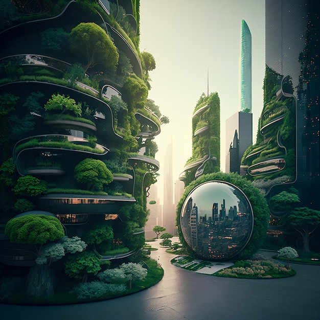 Die grüne Stadt der Zukunft Spektakuläres ökofuturistisches Stadtbild mit generativer KI