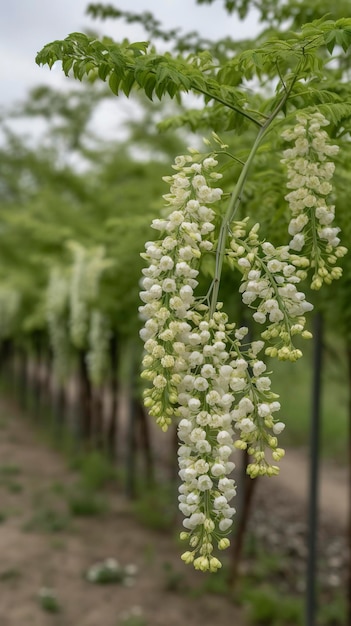 Die grünen Sophora japonica-Bäume sind voll von weißen Sophora japonica-Blüten, die ai erzeugen