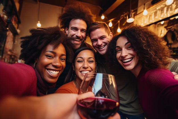 Die Gruppe von Freunden macht nach der Weinprobe ein Selfie