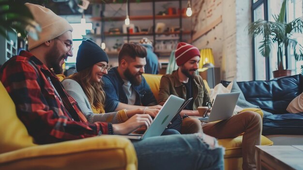 Die Gruppe von Hipster-Freunden sitzt zusammen auf einem Sofa mit modernen Gadgets Business-Startup-Freundschaft Teamarbeit Konzept Kreative Menschen arbeiten zusammen an einem Verkaufsprojekt Coworking-Prozess