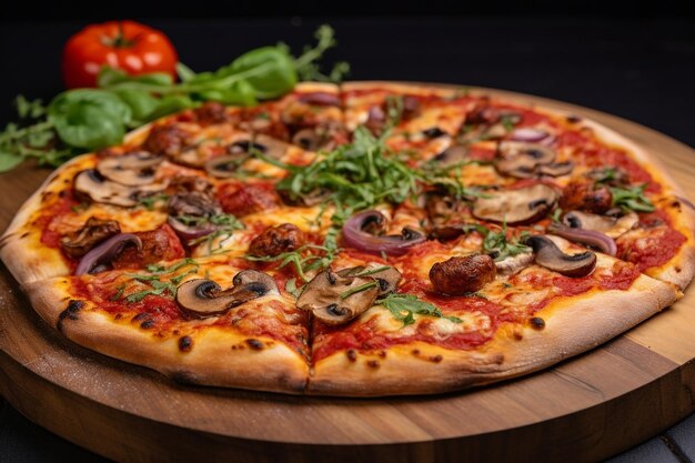 Die Hälfte der Pepperoni-Pizza mit Oliven, Tomaten, Pilzen und Kräutern