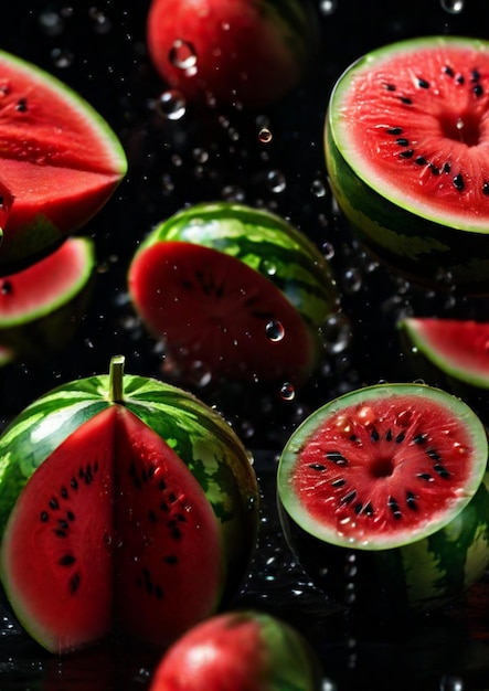 die Hälfte einer Wassermelone durch die Luft mit Regentropfen, die von AI erzeugt werden