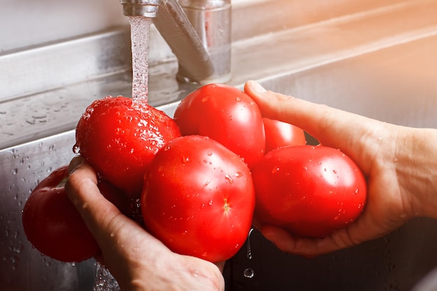 Die Hände des Mannes waschen Tomaten.