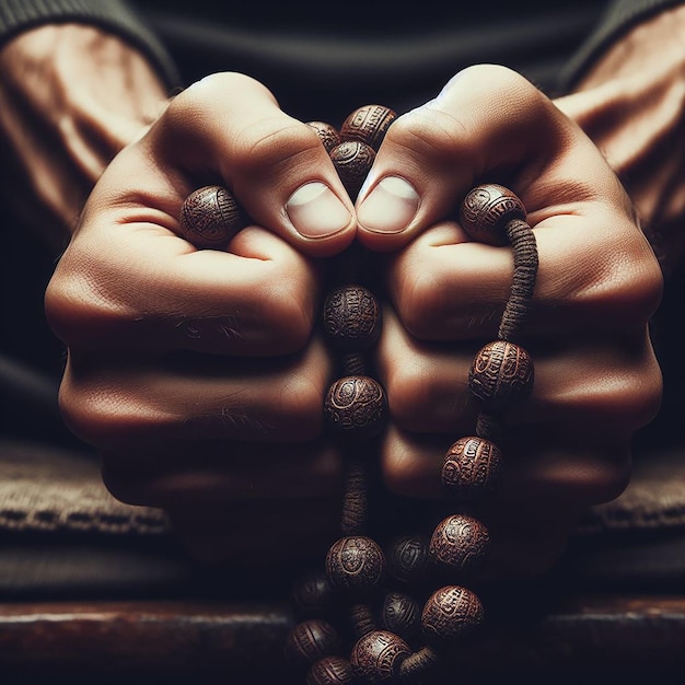 Die Hände, die eine getragene Tasbih festhalten, symbolisieren die Intensität des Gebets