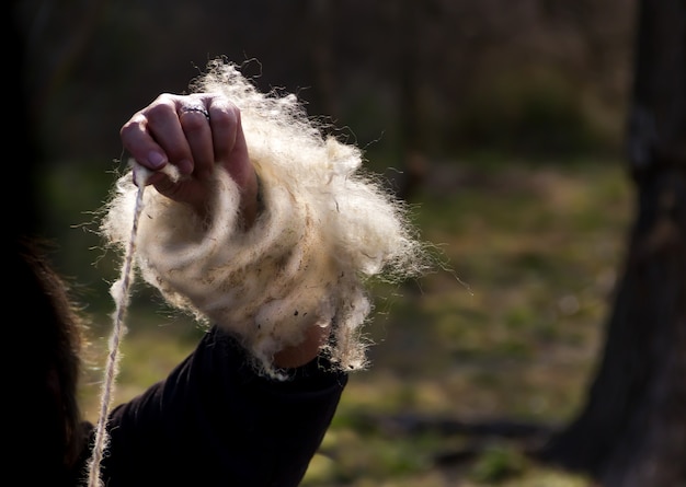 Die Hände, die Wollvlies von Hand spinnen