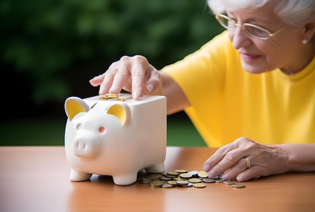 Die Hände einer älteren Frau, die Geld im Sparschwein spart