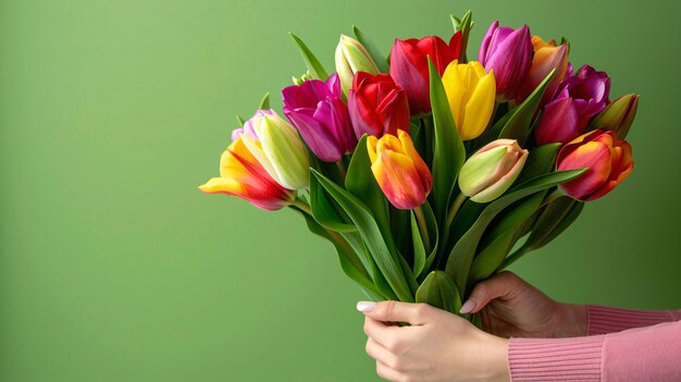 Die Hände einer Frau greifen ein Bündel Tulpen für den Internationalen Frauentag am 8. März