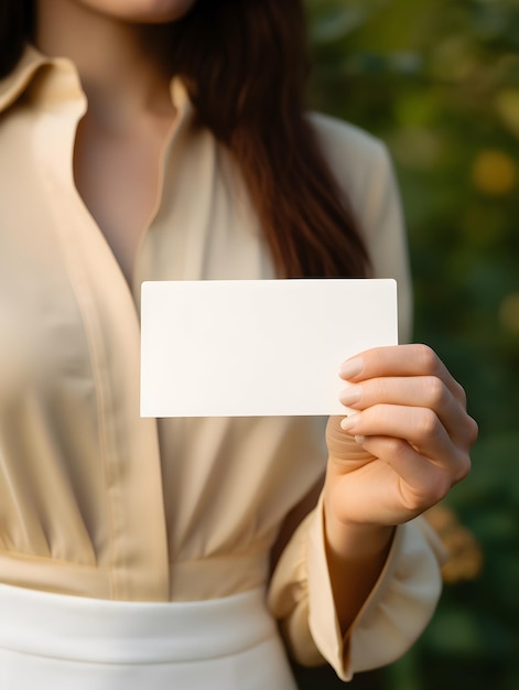 Foto die hände einer frau halten eine leere visitenkarte als mockup, um eine beige ästhetik des designstils zu präsentieren