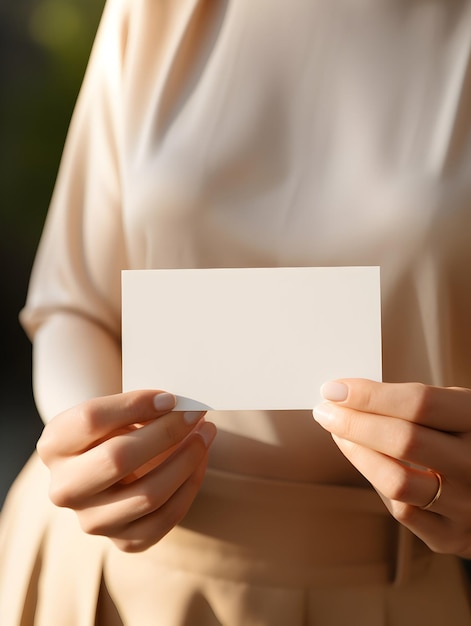 Foto die hände einer frau halten eine leere visitenkarte als mockup, um eine beige ästhetik des designstils zu präsentieren