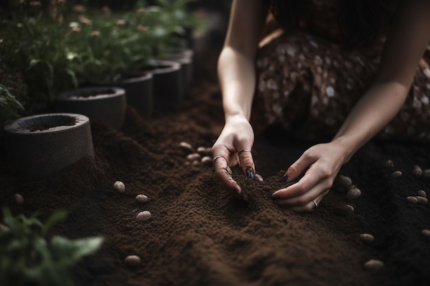 Die Hände einer Frau pflanzen Samen in einem Garten und stehen für Nachhaltigkeit und umweltfreundliche Praktiken