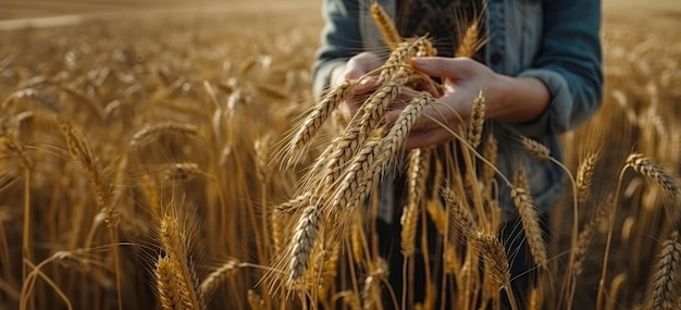 Die Hände eines Agronomen halten Weizenähren gegen ein Weizenfeld mit von der KI erzeugtem Kopierraum