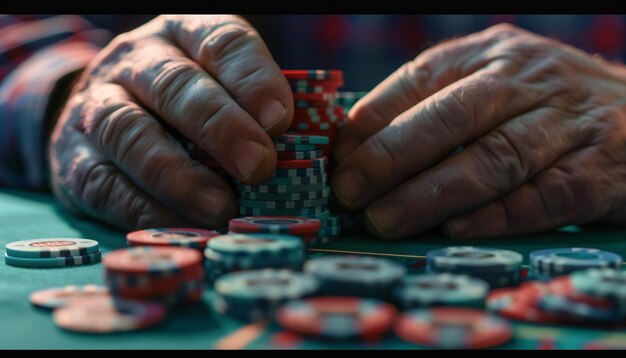 Die Hände eines alten Mannes klammern einen Haufen Pokerchips an einem Spieltisch in einem Casino