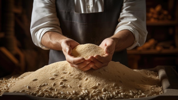 Die Hände eines Arbeiters halten geschickt Körner, die für die Herstellung von Weißmehl bestimmt sind. Zeigen Sie die Präzision und das Handwerk in einer automatisierten, für die Brotproduktion entworfenen Mühle.