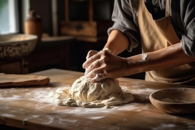 Die Hände eines Bäckers, der den Teig bearbeitet, um das Brot zu machen
