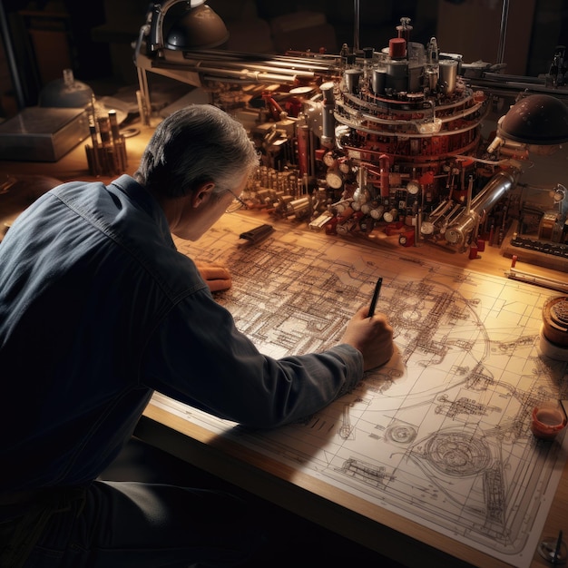 Die Hände eines Ingenieurs zeichnen einen detaillierten technischen Plan auf einem großen Zeichentisch